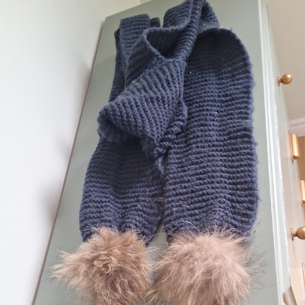 RUDSAK Kids Knit Scarf with Faux Fur Trim - Blue and Brown